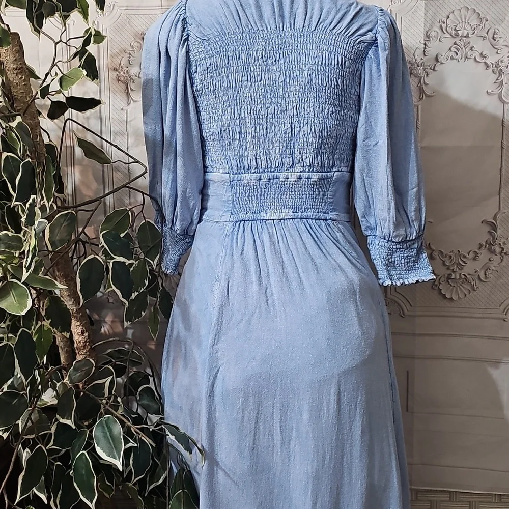 Free People String of Hearts Smocked V-neck Cut-out Button-Down Maxi Dre… - Picture 4 of 14
